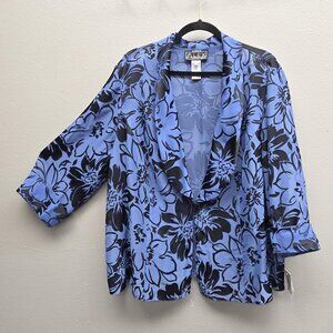 Alex Evenings Jacket Womens 3X Blue Black Floral Sheer Open Front Plus Size